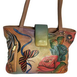 Anuschka  Anna Handpainted Leather Satchel Shoulder Bag Roses Animal
